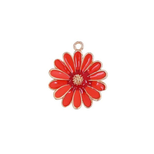 Pendants, Daisy, Flower, Single-Sided, Red, Enameled, Gold Plated, Alloy, 28mm - BEADED CREATIONS