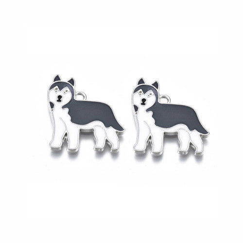 Pendants, Dog, Huskie, Single-Sided, White, Grey, Enameled Rack Plating, Silver Plated, Alloy, 25mm - BEADED CREATIONS