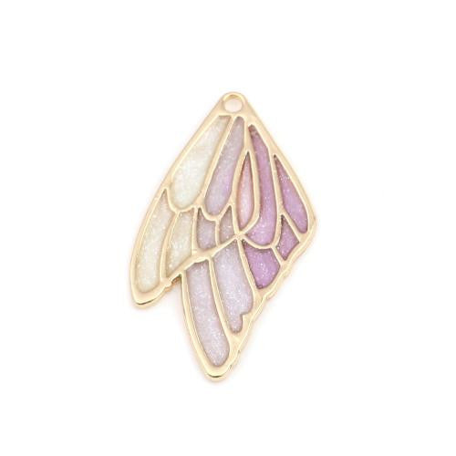 Pendants, Double Butterfly Wings, Gold Plated, Alloy, Lavender, White, Enamel, 40mm - BEADED CREATIONS
