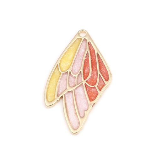 Pendants, Double Butterfly Wings, Gold Plated, Alloy, Pink, Peach, Yellow, Enamel, 40mm - BEADED CREATIONS