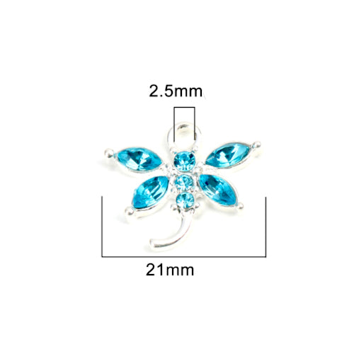 Pendants, Dragonfly, Single-Sided, Light Blue, Glass Rhinestones, Silver Tone, Alloy, 21mm - BEADED CREATIONS