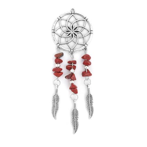 Pendants, Dream Catcher, Single-Sided, Red, Stone Chips, Antique Silver, Alloy, 10.5cm - BEADED CREATIONS