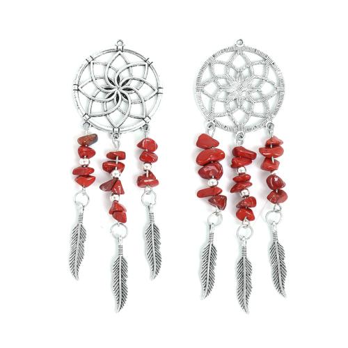 Pendants, Dream Catcher, Single-Sided, Red, Stone Chips, Antique Silver, Alloy, 10.5cm - BEADED CREATIONS