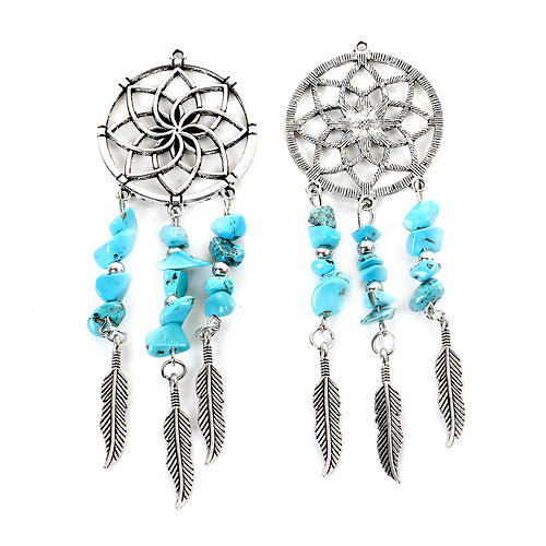 Pendants, Dream Catcher, Single-Sided, Turquoise, Howlite, Gemstones, Antique Silver, Alloy, 10.1cm - BEADED CREATIONS