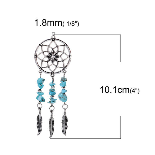 Pendants, Dream Catcher, Single-Sided, Turquoise, Howlite, Gemstones, Antique Silver, Alloy, 10.1cm - BEADED CREATIONS