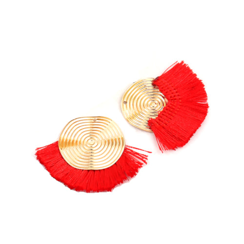 Pendants, Fan, Tassels, Red, Polyester, Gold Plated, Spiral, 45x35mm- BEADED CREATIONS