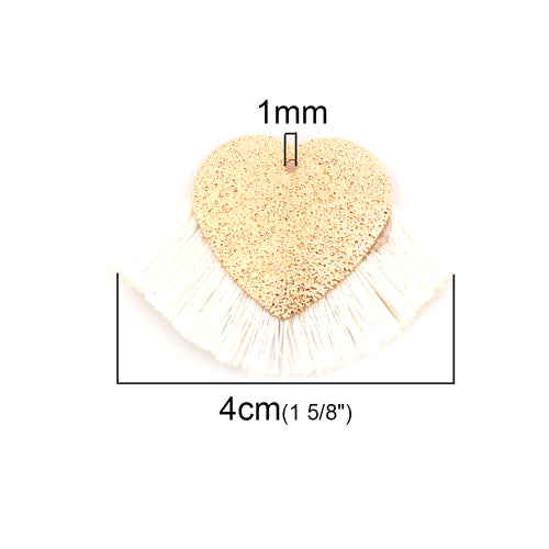 Pendants, Fan, Tassels, White, Polyester, Gold Plated, Sparkle Dust, Heart, 40x25mm - BEADED CREATIONS