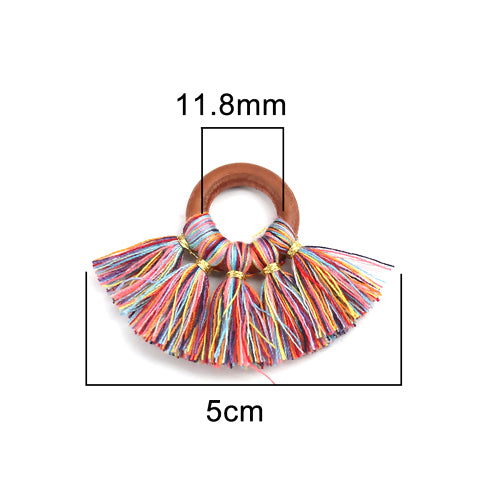 Pendants, Fan, Tassels, Wood, Multicolored, Polyester, Round, 5cm - BEADED CREATIONS
