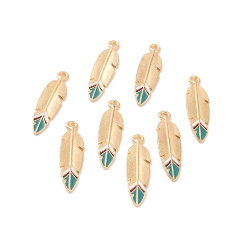 Pendants, Feather, Single-Sided, Green, Brown, Enameled, Light Gold, Alloy, 34.5mm - BEADED CREATIONS
