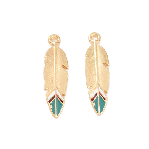 Pendants, Feather, Single-Sided, Green, Brown, Enameled, Light Gold, Alloy, 34.5mm - BEADED CREATIONS