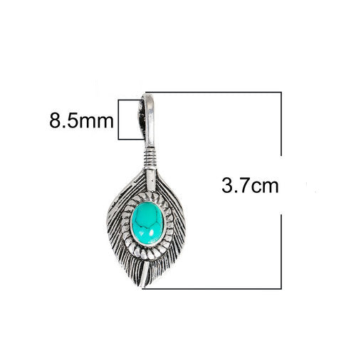 Pendants, Feather, Single Sided, Imitation Turquoise, Resin, Antique Silver, Alloy, 37mm - BEADED CREATIONS