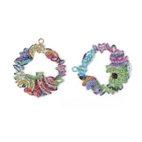 Pendants, Flat, Round, Open Circle, Floral, Laser-Cut, Multicolored, Enameled, Alloy, Focal, Drop, 23mm - BEADED CREATIONS