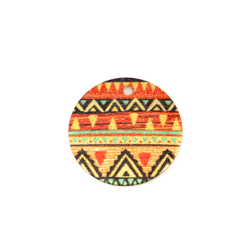 Pendants, Flat, Round, Single-Sided, Etched, Red, Multicolored, Enamel, African Print, Gold Plated, Sparkledust, Brass, 20mm - BEADED CREATIONS