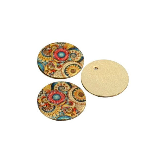 Pendants, Flat, Round, Single-Sided, Etched, Yellow, Enamel, Floral Print, Gold Plated, Sparkledust, Brass, 20mm - BEADED CREATIONS