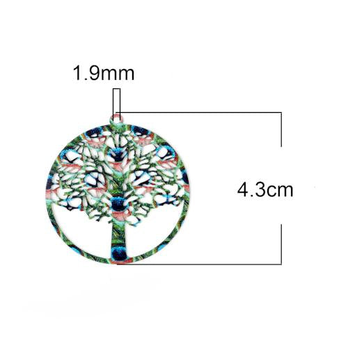 Pendants, Flat, Round, Single-Sided, Tree Of Life, Laser-Cut, Multicolored, Enameled, Alloy, Focal, Drop, 43mm - BEADED CREATIONS