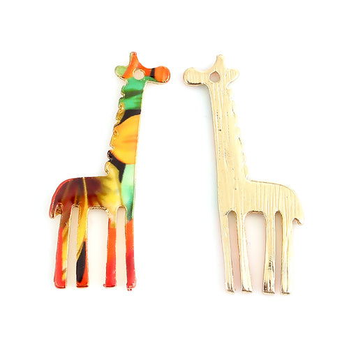 Pendants, Giraffe, Single-Sided, Multicolored, Enameled, Gold Plated, Alloy, Focal, 33mm - BEADED CREATIONS