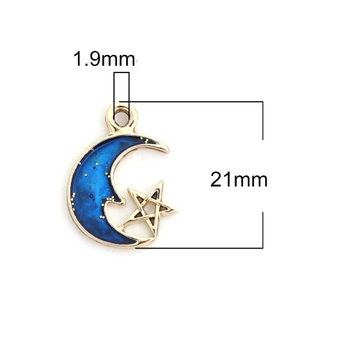 Pendants, Half Moon With Star, Single-Sided, Royal Blue, Enameled, Gold Plated, Alloy, 21mm - BEADED CREATIONS