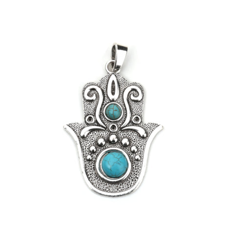 Pendants, Hamsa Hand, Antique Silver, Ornate, Imitation Turquoise, With Chaton Settings, 87mm - BEADED CREATIONS