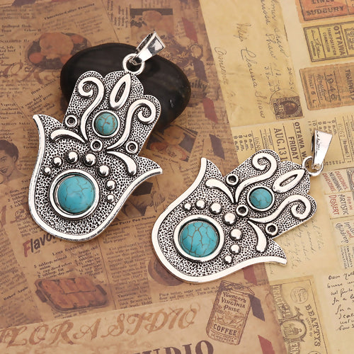 Pendants, Hamsa Hand, Antique Silver, Ornate, Imitation Turquoise, With Chaton Settings, 87mm - BEADED CREATIONS