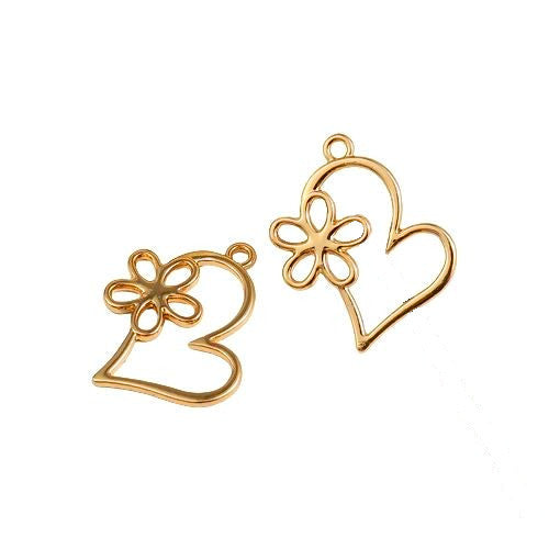 Pendants, Heart, Open, Single-Sided, With Daisy Flower, Gold Plated, Alloy, 24mm - BEADED CREATIONS