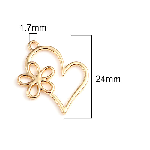 Pendants, Heart, Open, Single-Sided, With Daisy Flower, Gold Plated, Alloy, 24mm - BEADED CREATIONS