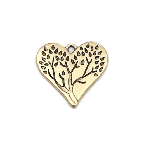 Pendants, Heart, Tree Of Life, Single-Sided, Antique Gold Plated, Alloy, 28mm - BEADED CREATIONS