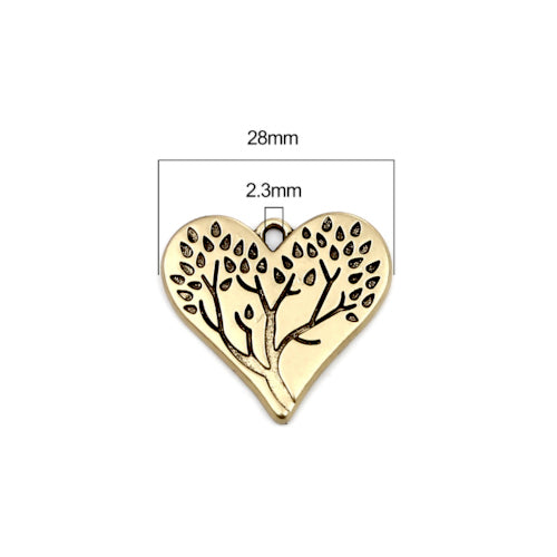 Pendants, Heart, Tree Of Life, Single-Sided, Antique Gold Plated, Alloy, 28mm - BEADED CREATIONS