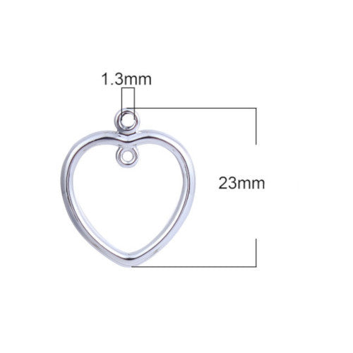 Pendants, Heart, With Double Loop, Silver, Alloy, 23mm - BEADED CREATIONS
