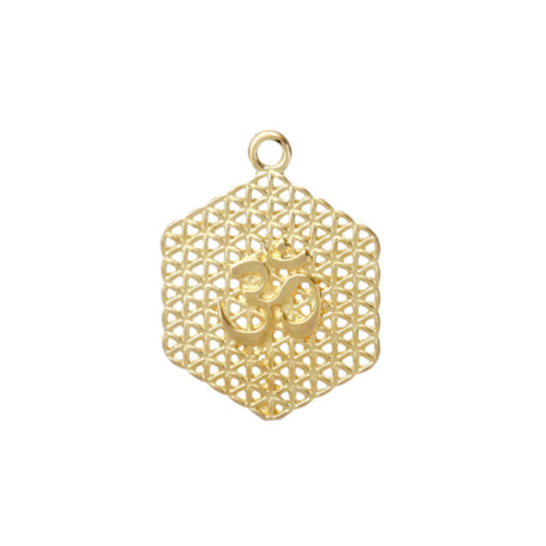 Pendants, Hexagon, Cut-Out, Flower Of Life, Ohm, Om, Symbol, Gold Plated, Alloy, 30mm - BEADED CREATIONS