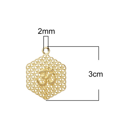 Pendants, Hexagon, Cut-Out, Flower Of Life, Ohm, Om, Symbol, Gold Plated, Alloy, 30mm - BEADED CREATIONS