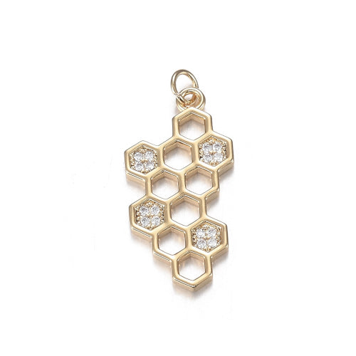 Pendants, Honeycomb, With Micro Pave Clear Cubic Zirconia And Jump Ring, 18K Gold Plated, Brass, 23mm - BEADED CREATIONS