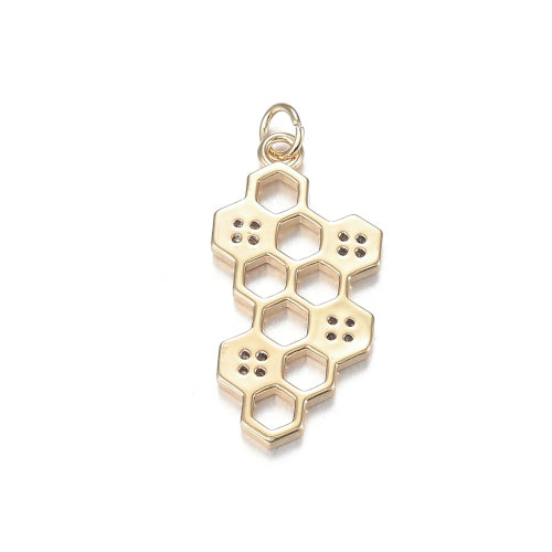 Pendants, Honeycomb, With Micro Pave Clear Cubic Zirconia And Jump Ring, 18K Gold Plated, Brass, 23mm - BEADED CREATIONS