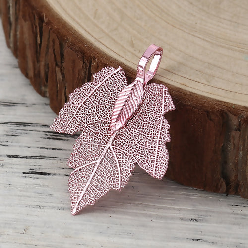 Pendants, Maple Leaf, Double-Sided, Electroplated, Pink, Brass, 34mm - BEADED CREATIONS