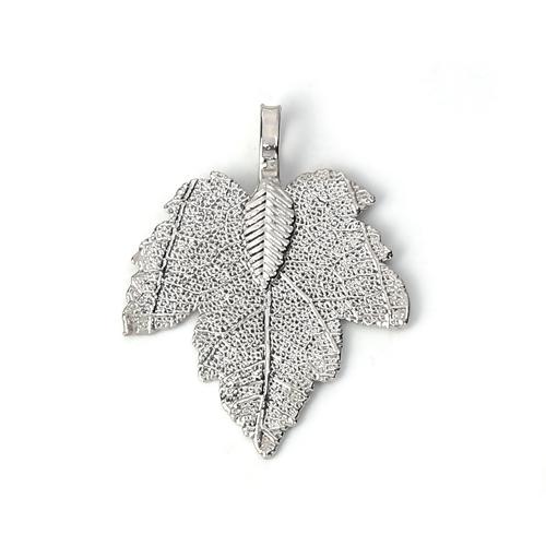 Pendants, Maple Leaf, Double-Sided, Electroplated, Silver Tone, Brass, 34mm - BEADED CREATIONS