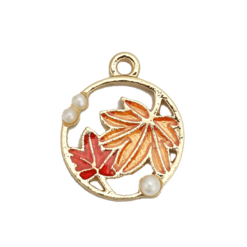 Pendants, Maple Leaf, Flat, Round, Single-Sided, Openwork, Faux Pearls, Orange, Enamel, Gold Plated, Alloy, 18mm - BEADED CREATIONS