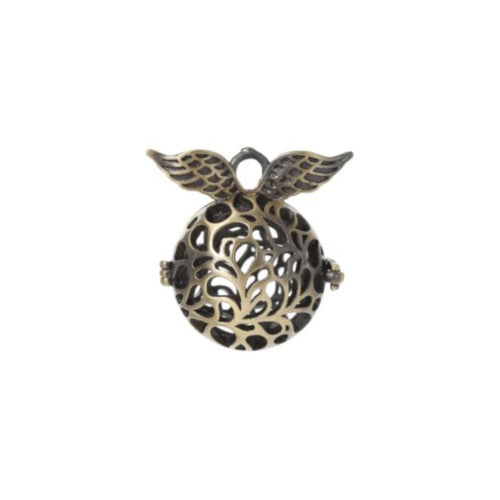 Pendants, Mexican, Angel Caller, Wish Box, Harmony Ball, Bola, Filigree, With Wings, Antique Bronze, 2.7cm - BEADED CREATIONS