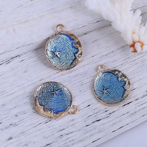 Pendants, Moon And Star, Gold Plated, Alloy, Round, Blue, Enamel, 27mm - BEADED CREATIONS