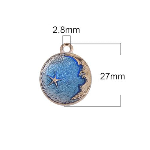 Pendants, Moon And Star, Gold Plated, Alloy, Round, Blue, Enamel, 27mm - BEADED CREATIONS