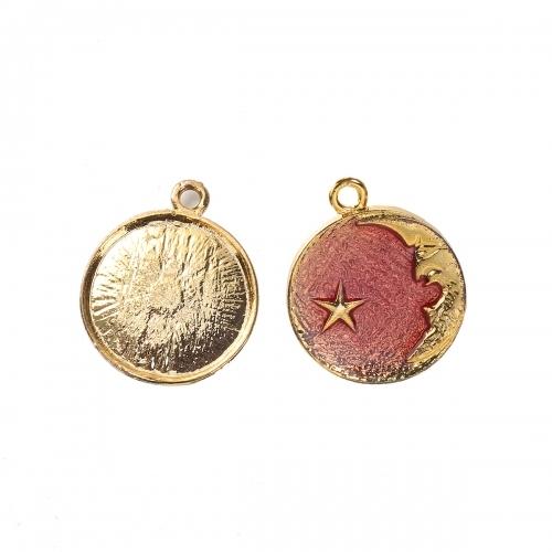 Pendants, Moon And Star, Gold Plated, Alloy, Round, Red, Enamel, 27mm - BEADED CREATIONS