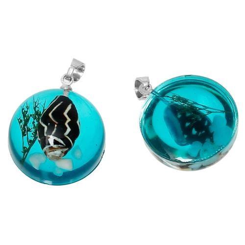 Pendants, Natural, Shell, Transparent, Blue, Round, Resin, With Bail 27mm - BEADED CREATIONS