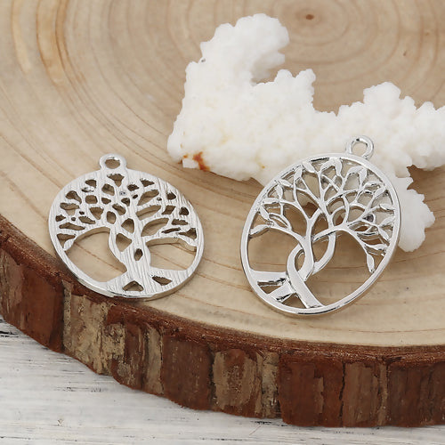 Pendants, Oval, Cut-Out, Tree Of Life, Silver Tone, Alloy, 32mm - BEADED CREATIONS