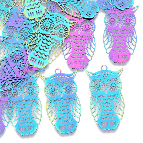 Pendants, Owl, Laser-Cut, Stainless Steel, (IP), Rainbow, 36mm - BEADED CREATIONS