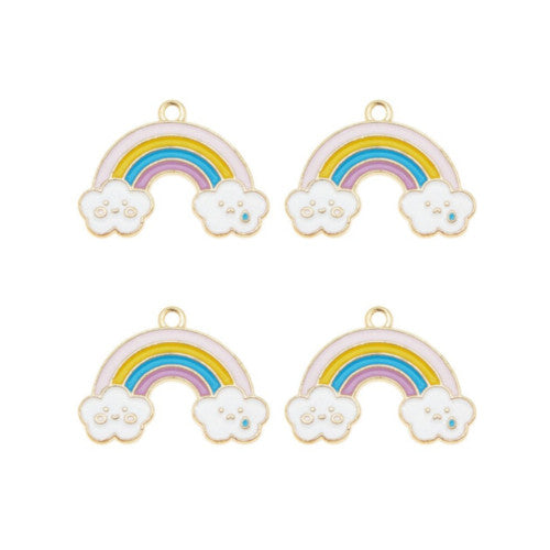 Pendants, Rainbow With Clouds, Single-Sided, Multicolored Enameled, Gold Plated, Alloy, 25mm - BEADED CREATIONS