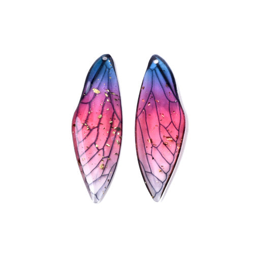 Pendants, Resin, Dragonfly Wings, Transparent, Gradient, Fuchsia, Blue, Gold Foil, 51mm - BEADED CREATIONS