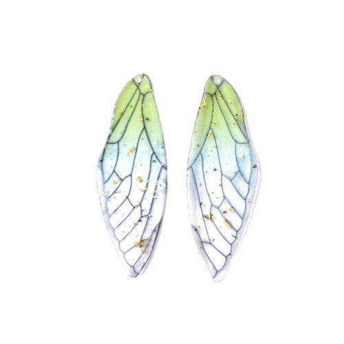 Pendants, Resin, Dragonfly Wings, Transparent, Gradient, Light Green, Gold Foil, 51mm - BEADED CREATIONS