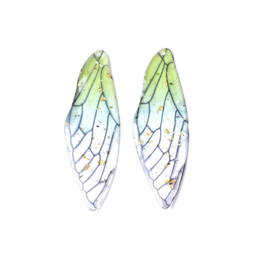 Pendants, Resin, Dragonfly Wings, Transparent, Gradient, Light Green, Gold Foil, 51mm - BEADED CREATIONS