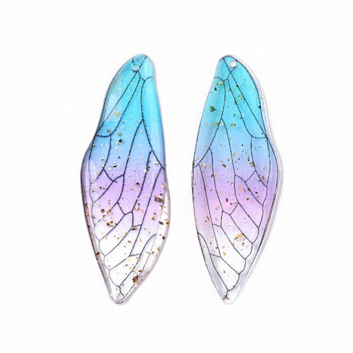 Pendants, Resin, Dragonfly Wings, Transparent, Gradient, Light Sky Blue, Gold Foil, 51mm - BEADED CREATIONS