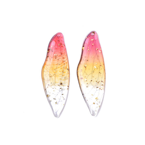 Pendants, Resin, Dragonfly Wings, Transparent, Gradient, Pink, Yellow, Gold Foil, 51mm - BEADED CREATIONS
