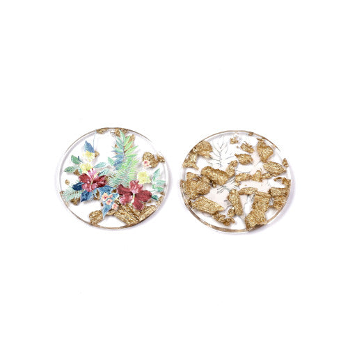 Pendants, Resin, Round, Coin, Transparent, Printed, 3D, Floral, Gold Foil, Focal, 39-40mm - BEADED CREATIONS