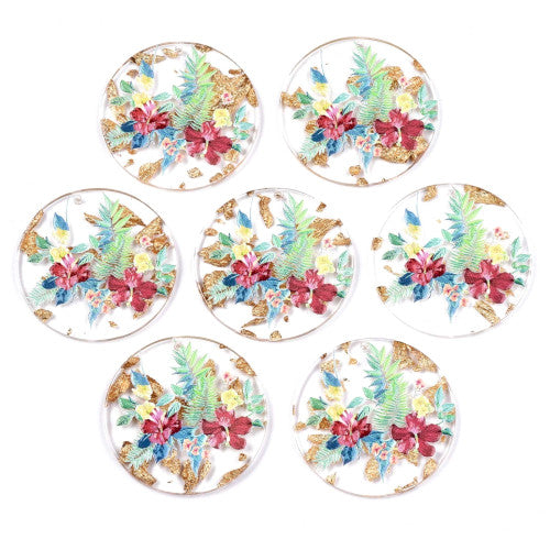 Pendants, Resin, Round, Coin, Transparent, Printed, 3D, Floral, Gold Foil, Focal, 39-40mm - BEADED CREATIONS